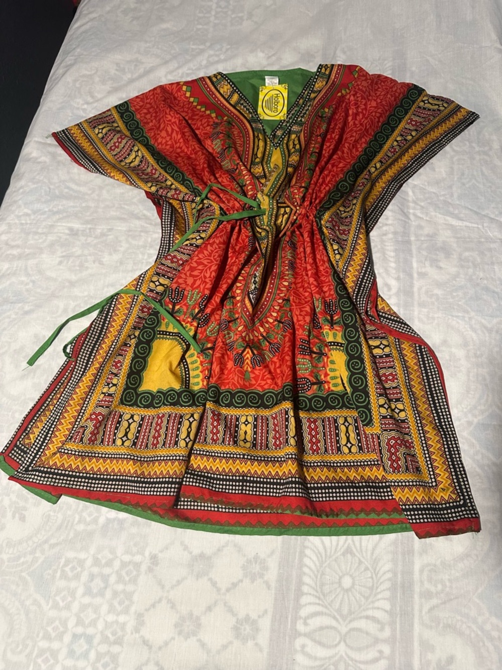 Holboro 100%ViscoseColorful Dashiki Style Tunic Dress - Red, Yellow & Green O/S